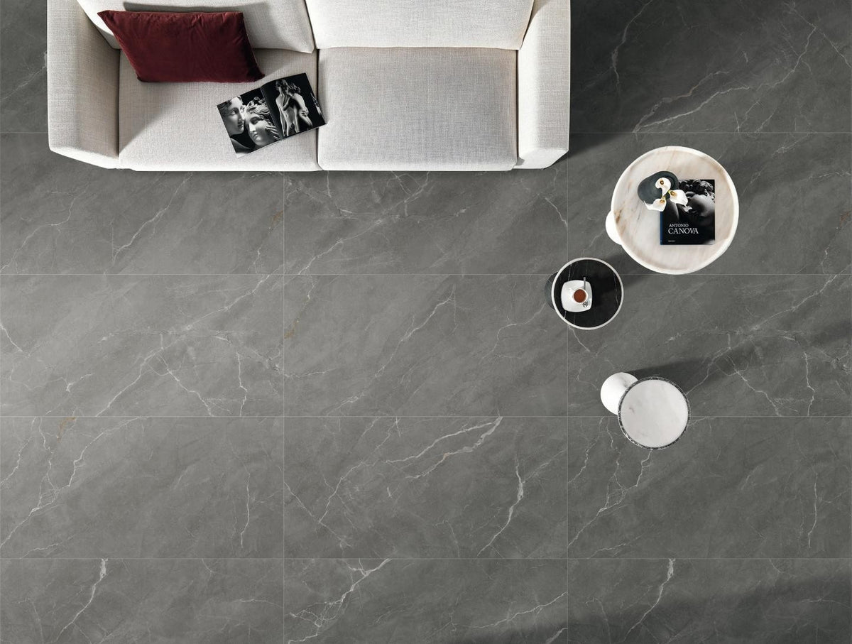 Time Macchiato Satin Marble Look Porcelain Tiles in a room setting