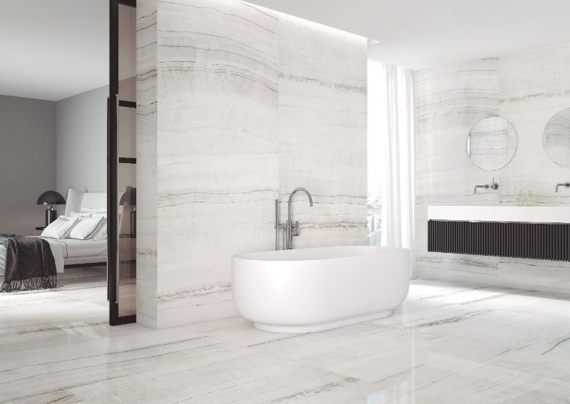 Tivoli Blanco Natural Travertine Look Porcelain Tiles in a room setting