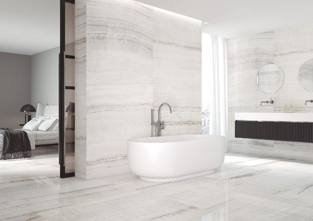 Tivoli Blanco Natural Travertine Look Porcelain Tiles in a room setting