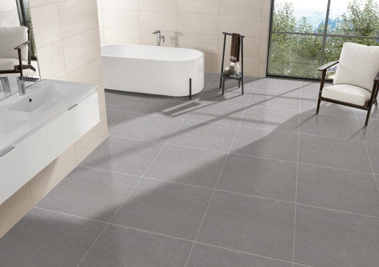 Toronto Basaltina Grey Matt Concrete Look Porcelain Tiles 300x600mm in a room setting