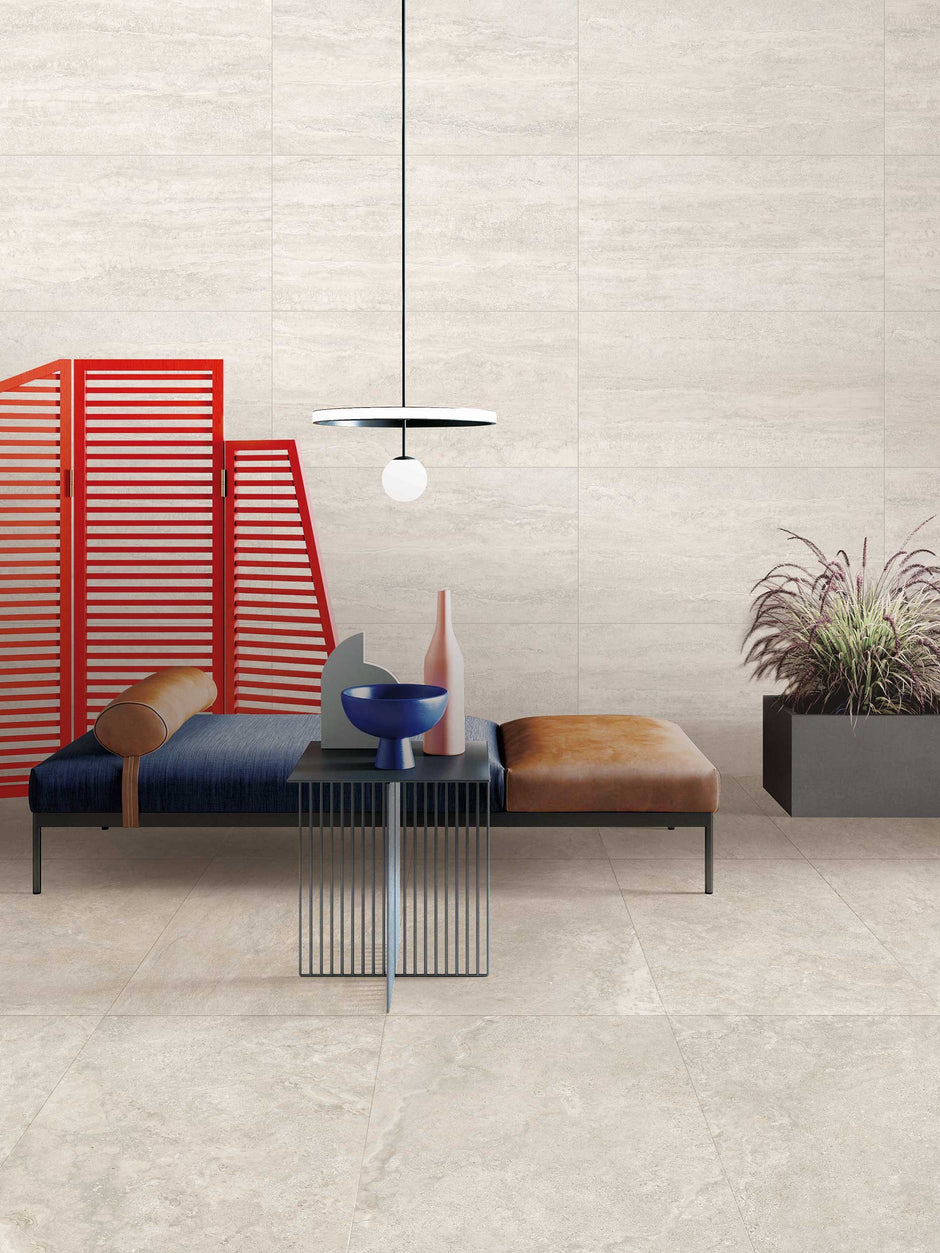 Traverpro Cream Cross Cut Matt Travertine Look Porcelain Tiles 600x1200mm in a room setting