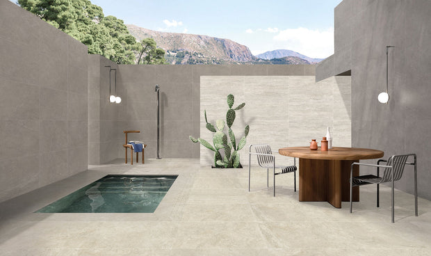 Traverpro Earth Cross Cut Matt Travertine Look Porcelain Tiles 600x1200mm in a room setting