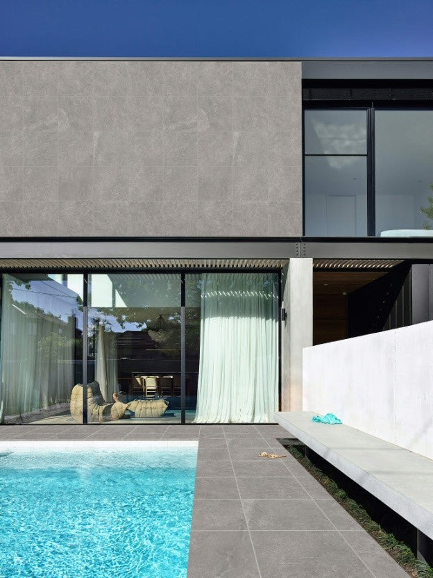 Traverpro Grey Cross Cut Drop Face Porcelain Pavers in a room setting