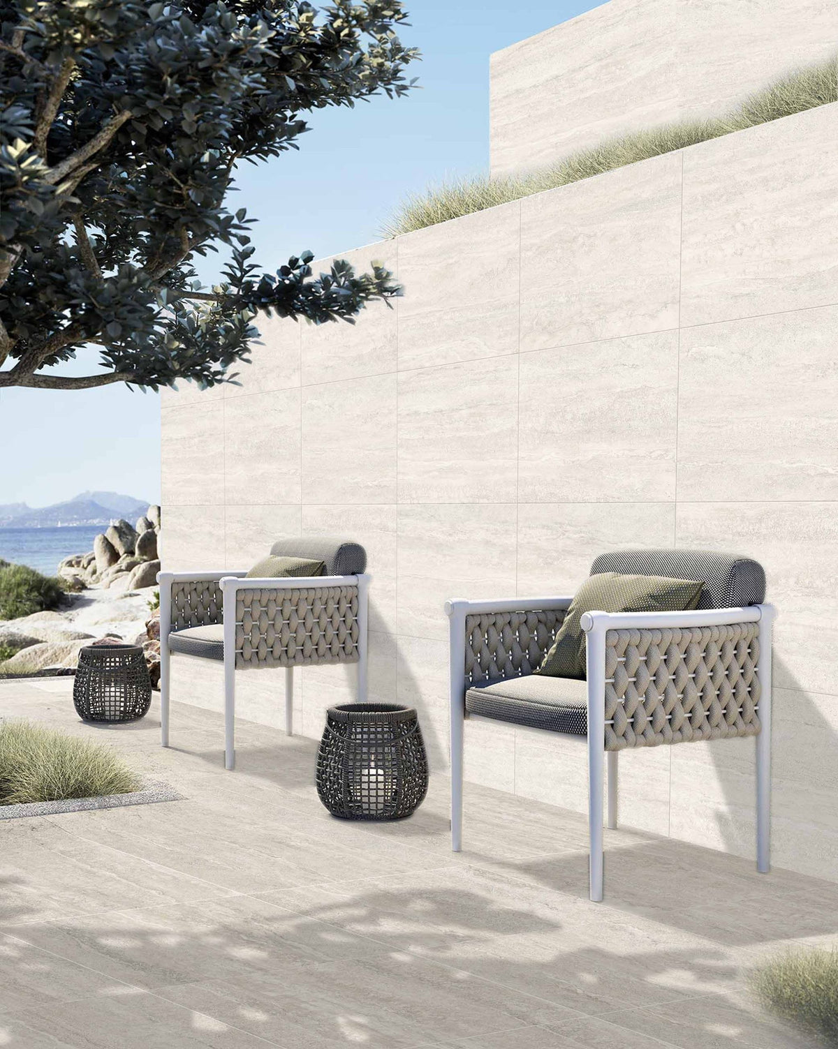 Traverpro White Cross Cut Matt Travertine Look Porcelain Tiles 600x1200mm in a room setting