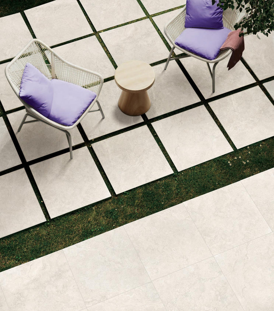 Traverpro White Cross Cut Matt Travertine Look Porcelain Tiles 600x600mm in a room setting