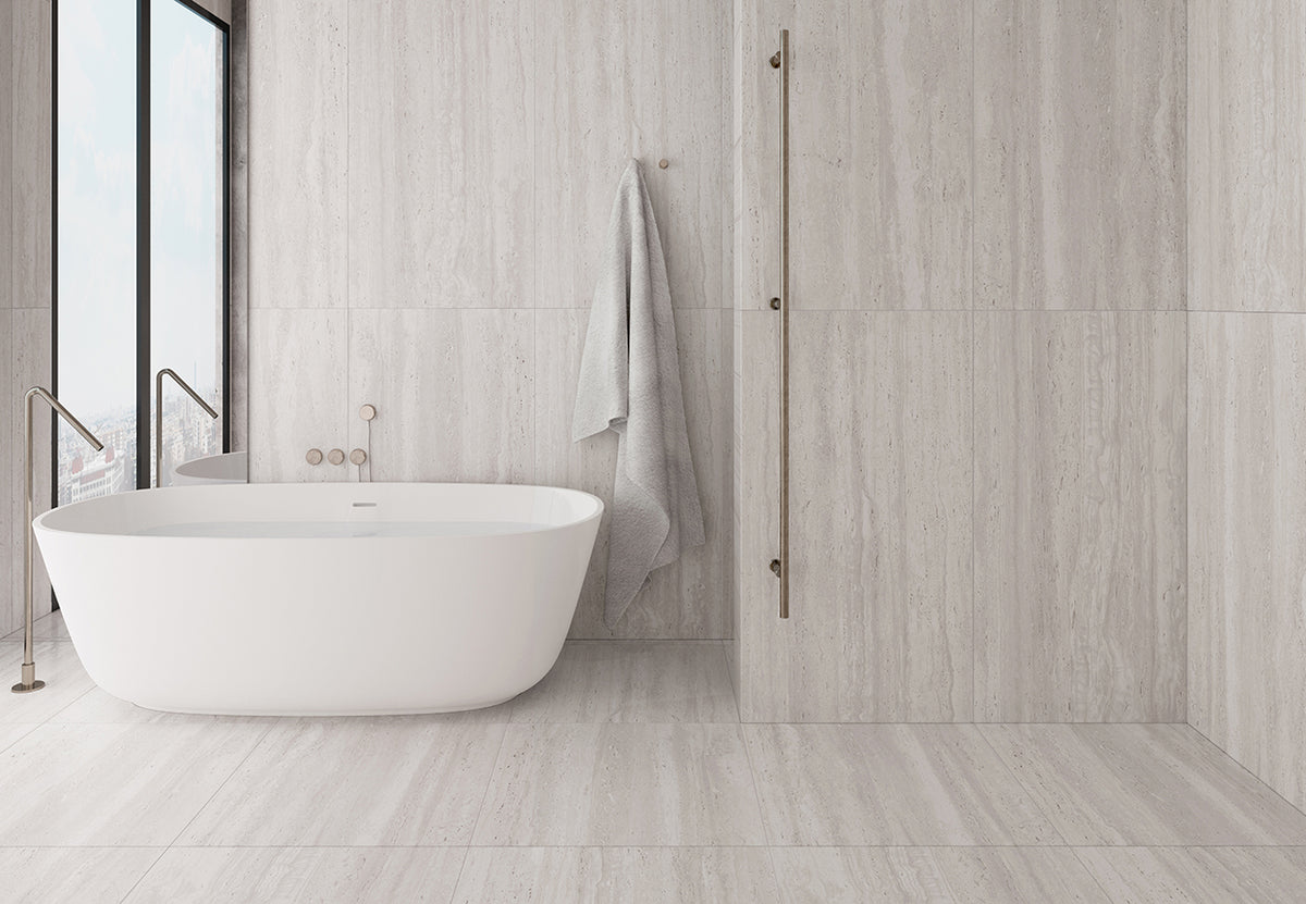Euromarmo Travertine Chiaro Marble Look Porcelain Tiles in a room setting