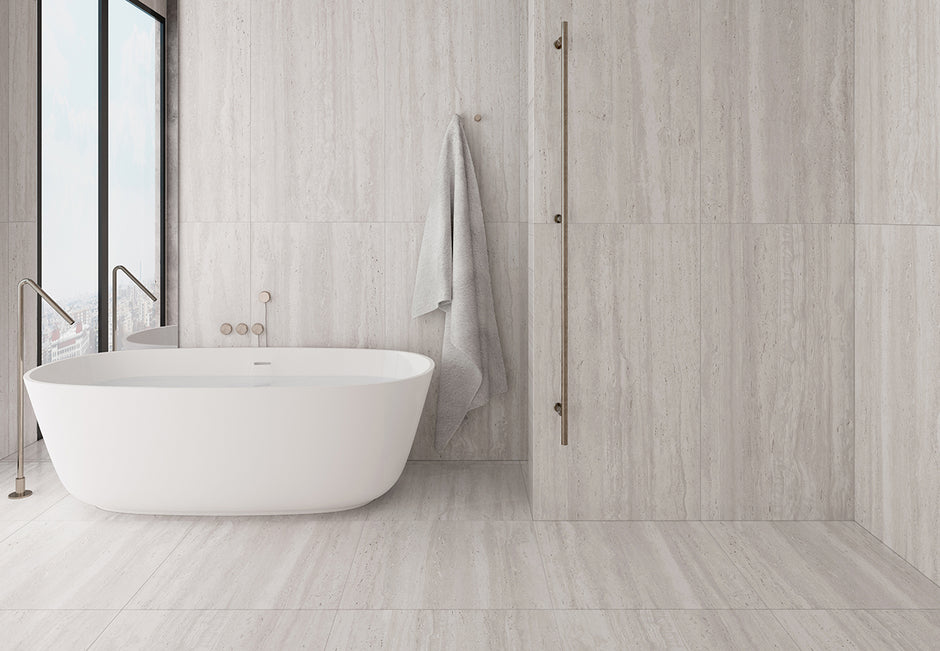 Euromarmo Travertine Chiaro Marble Look Porcelain Tiles in a room setting