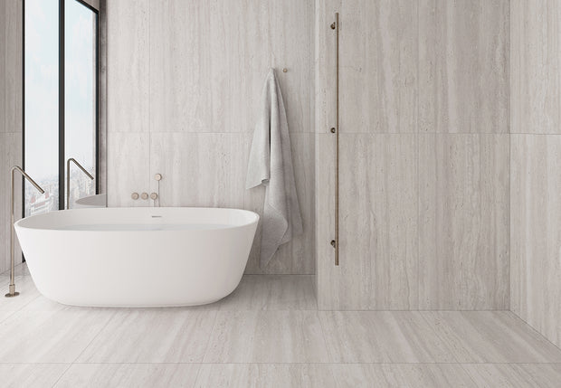 Euromarmo Travertine Chiaro Marble Look Porcelain Tiles in a room setting