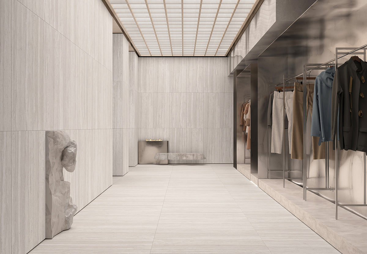Euromarmo Travertine Chiaro Marble Look Porcelain Tiles in a room setting