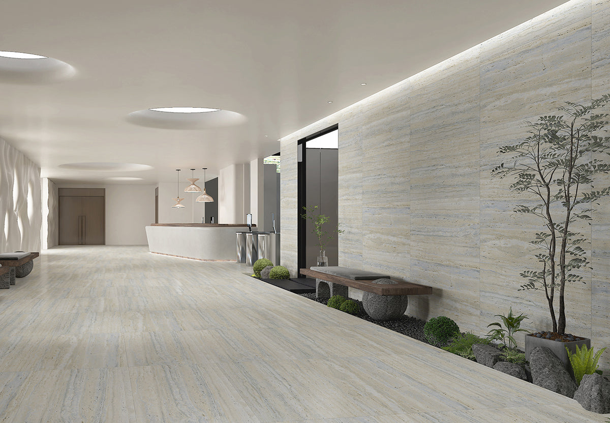 Euromarmo Travertine Silver Gold Marble Look Porcelain Tiles in a room setting