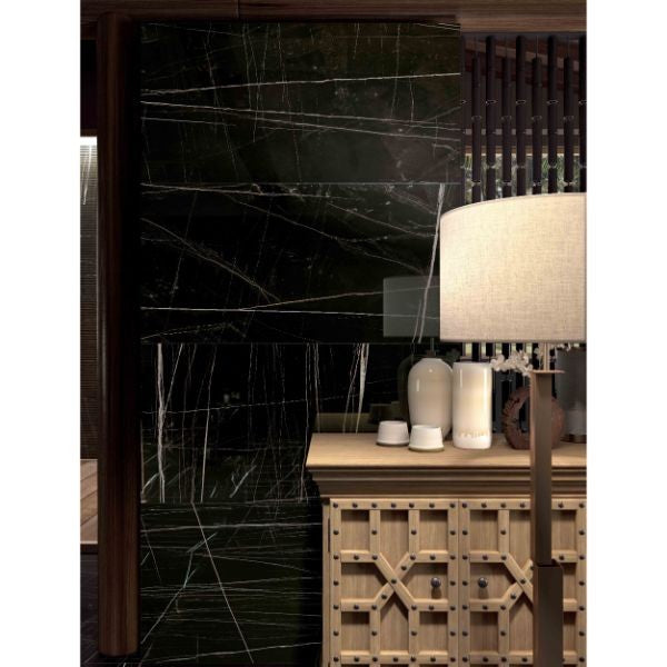 Trex6 Nero Honed Marble Look Porcelain Slabs in a room setting