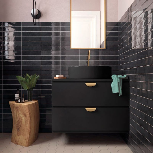Tribeca Basalt Gloss Porcelain Subway Tiles in a room setting