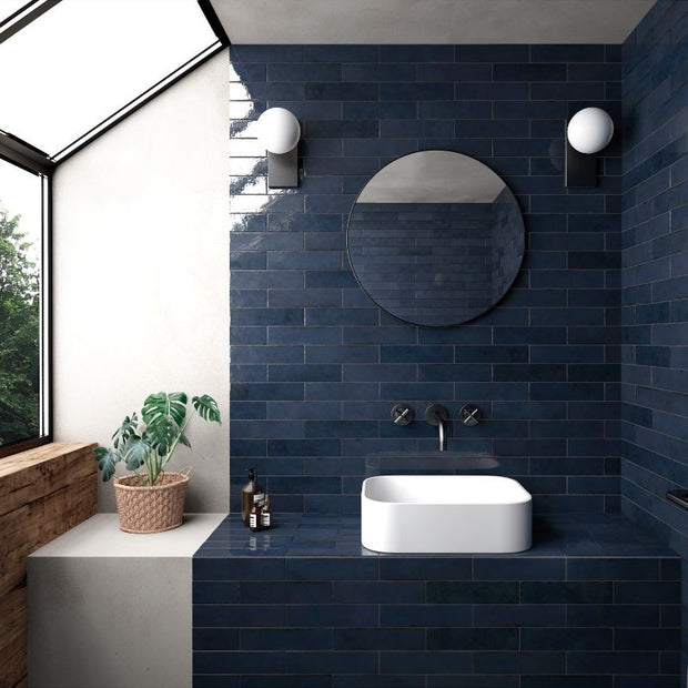 Tribeca Blue Note Gloss Porcelain Subway Tiles in a room setting