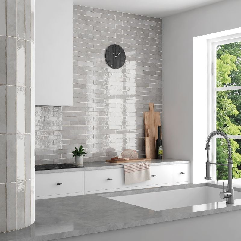 Tribeca Grey Whisper Gloss Porcelain Subway Tiles in a room setting