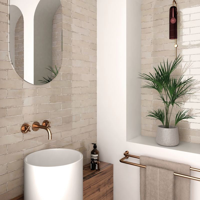 Tribeca Oatmeal Gloss Porcelain Subway Tiles in a room setting