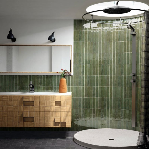 Tribeca Sage Green Gloss Porcelain Subway Tiles in a room setting