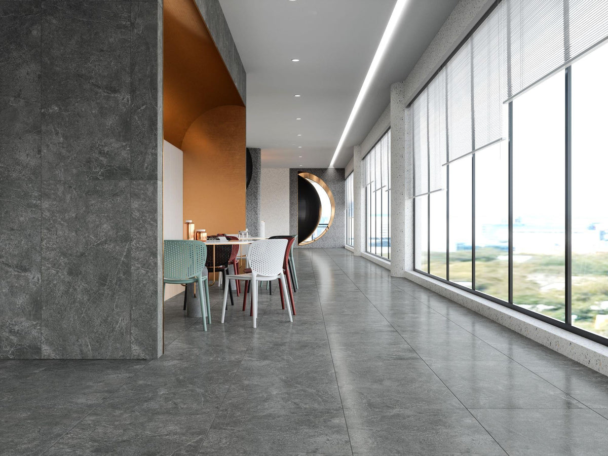 Trofeo Smoke Matt Stone Look Porcelain Tiles 600x600mm in a room setting