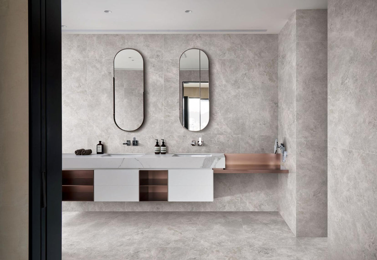 Tundra Grey Ocean Matt Stone Look Porcelain Tiles 600x600mm in a room setting