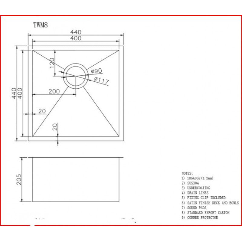 Navona TWM8 Handmade Single Bowl Sink 440 x 440 x 205mm technical drawing