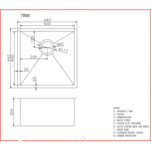 Navona TWM8 Handmade Single Bowl Sink 440 x 440 x 205mm technical drawing
