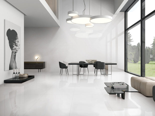 Ultra80 White Polished Marble Look Porcelain Tiles 750x1500mm in a room setting