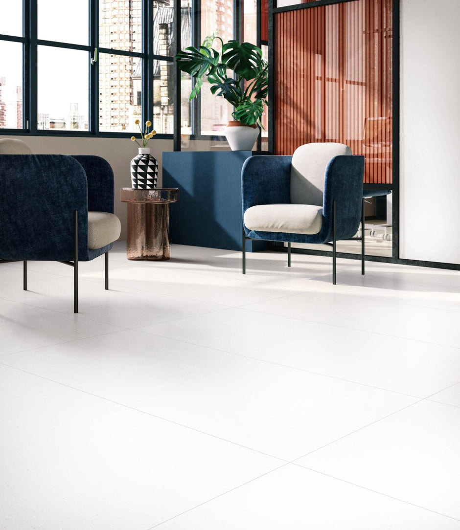 Ultra80 White Satin Marble Look Porcelain Tiles 750x1500mm in a room setting
