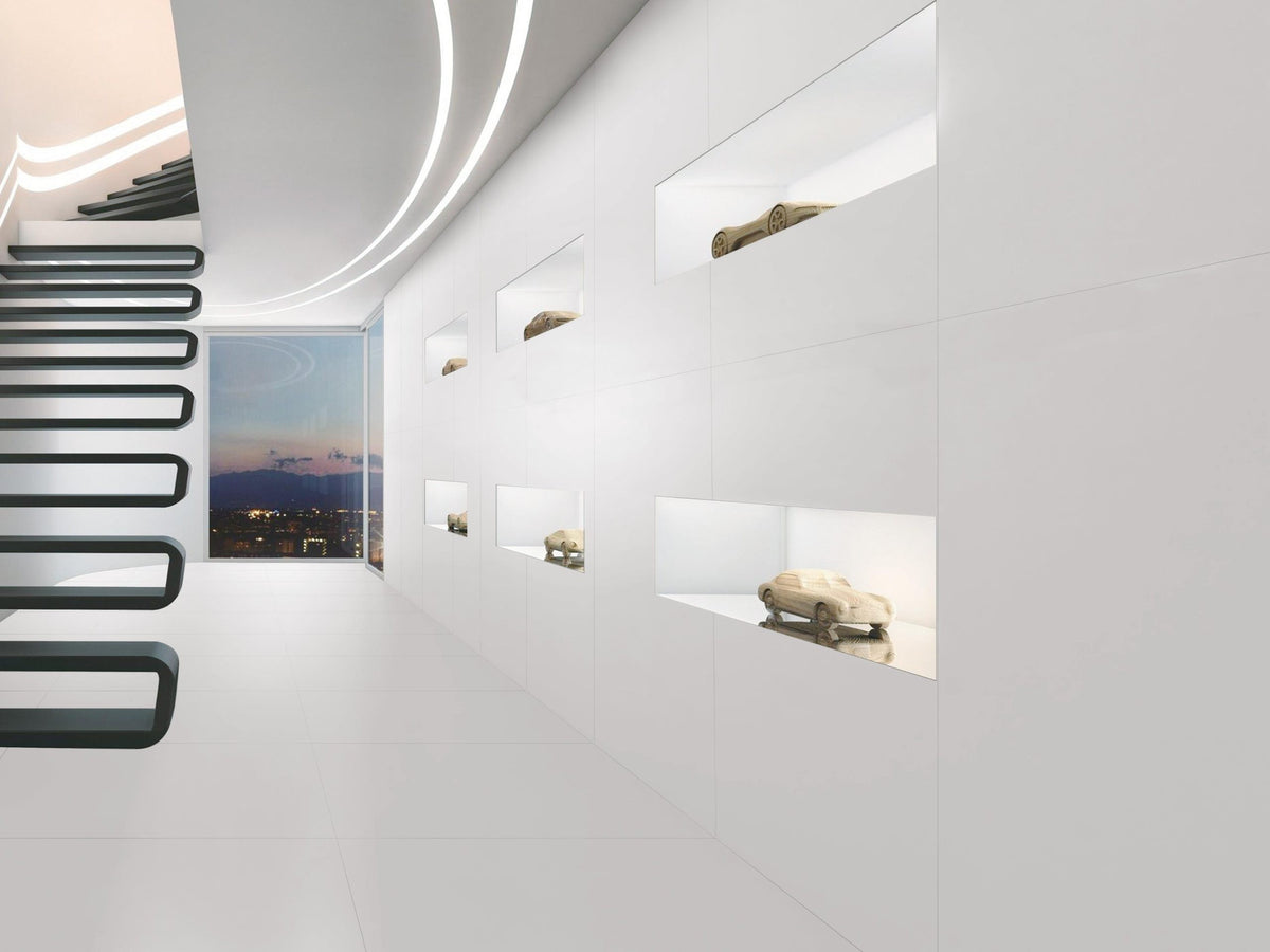 Ultra80 White Satin Marble Look Porcelain Tiles 750x1500mm in a room setting