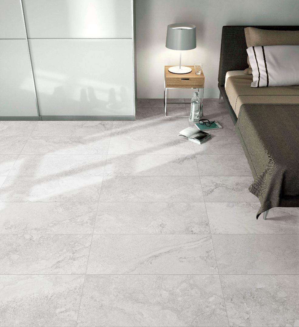 Valley Stone Salt Matt Stone Look Porcelain Tiles in a room setting