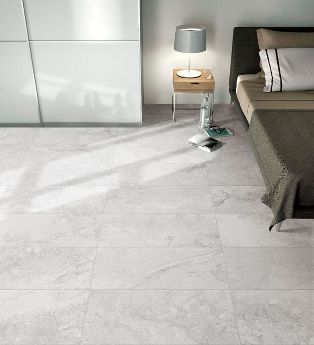Valley Stone Salt Matt Stone Look Porcelain Tiles in a room setting