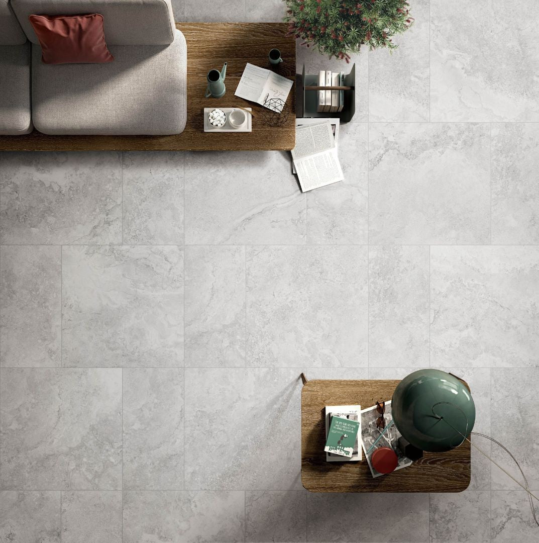 Valley Stone Salt Matt Stone Look Porcelain Tiles in a room setting