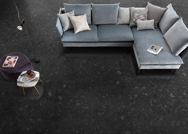 Verona Charcoal Matt Terrazzo Look Porcelain Tiles in a room setting