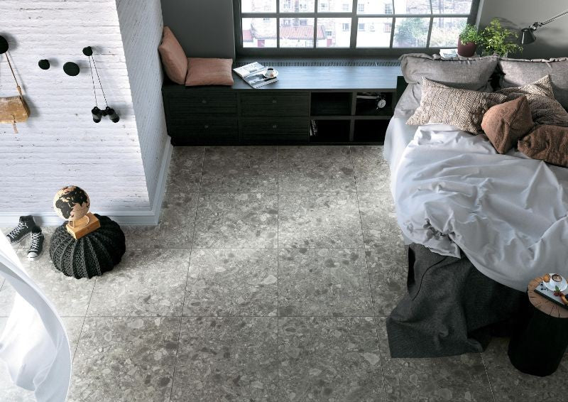 Verona Dark Grey Matt Terrazzo Look Porcelain Tiles in a room setting