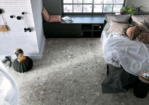 Verona Dark Grey Matt Terrazzo Look Porcelain Tiles in a room setting