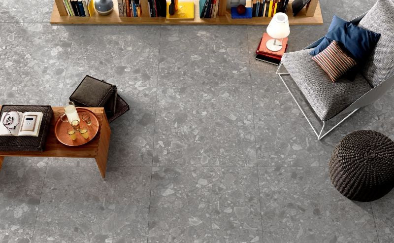 Verona Silver Matt Terrazzo Look Porcelain Tiles 300x600mm in a room setting
