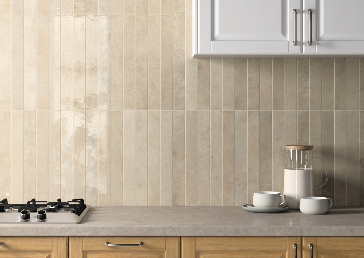 Verticale Home Gloss Porcelain Subway Tiles 50x400mm in a room setting
