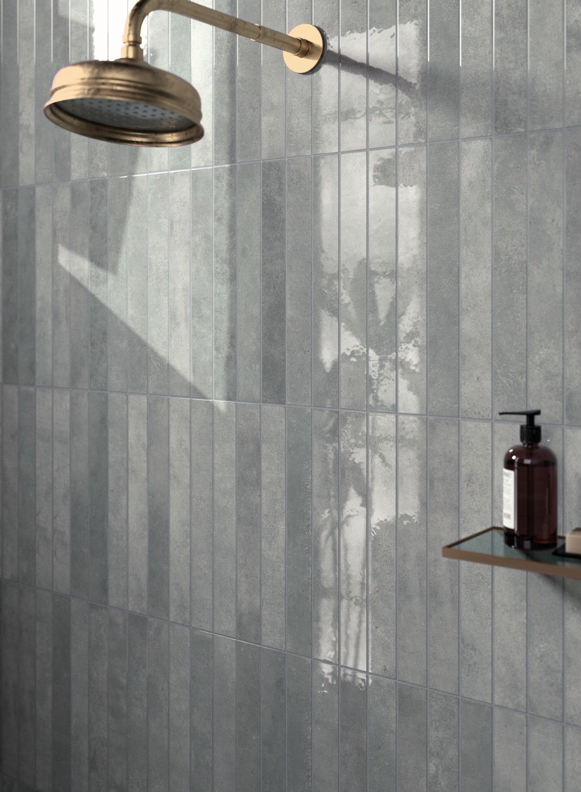 Verticale Moody Blue Gloss Porcelain Subway Tiles 50x400mm in a room setting
