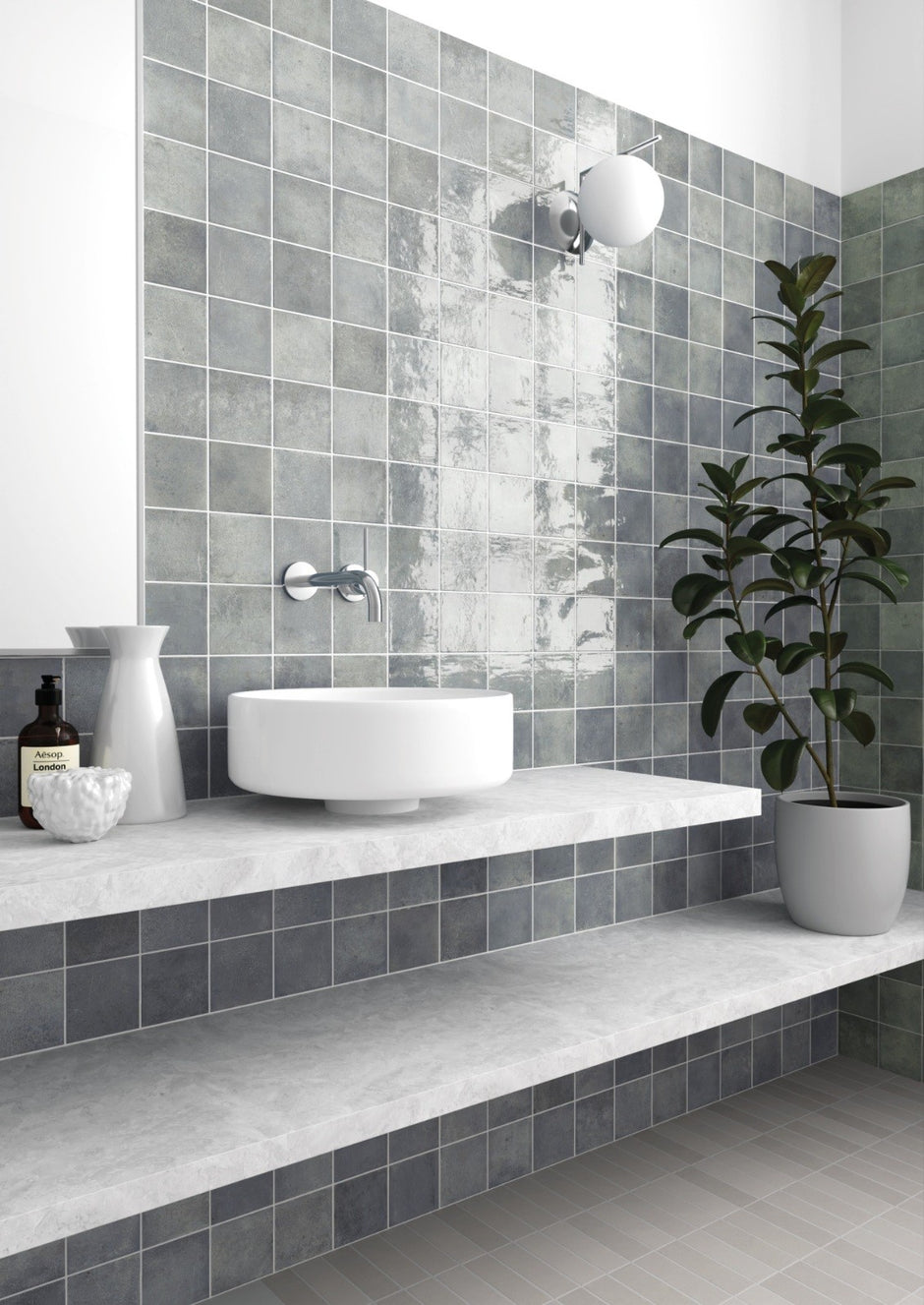 Verticale Moody Blue Gloss Porcelain Tiles 100x100mm in a room setting