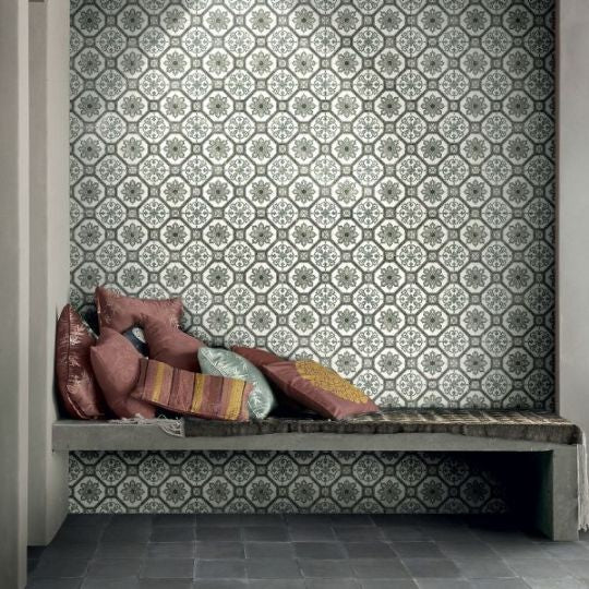 Vintage 18 Green Patterned Matt Porcelain Tiles 200x200mm in a room setting