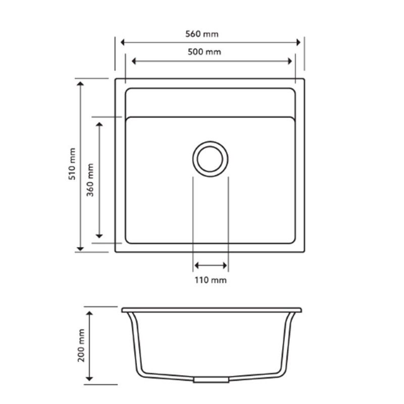 Navona Waltz 560 Single Bowl Granite Sink 560 x 510 x 200mm technical drawing