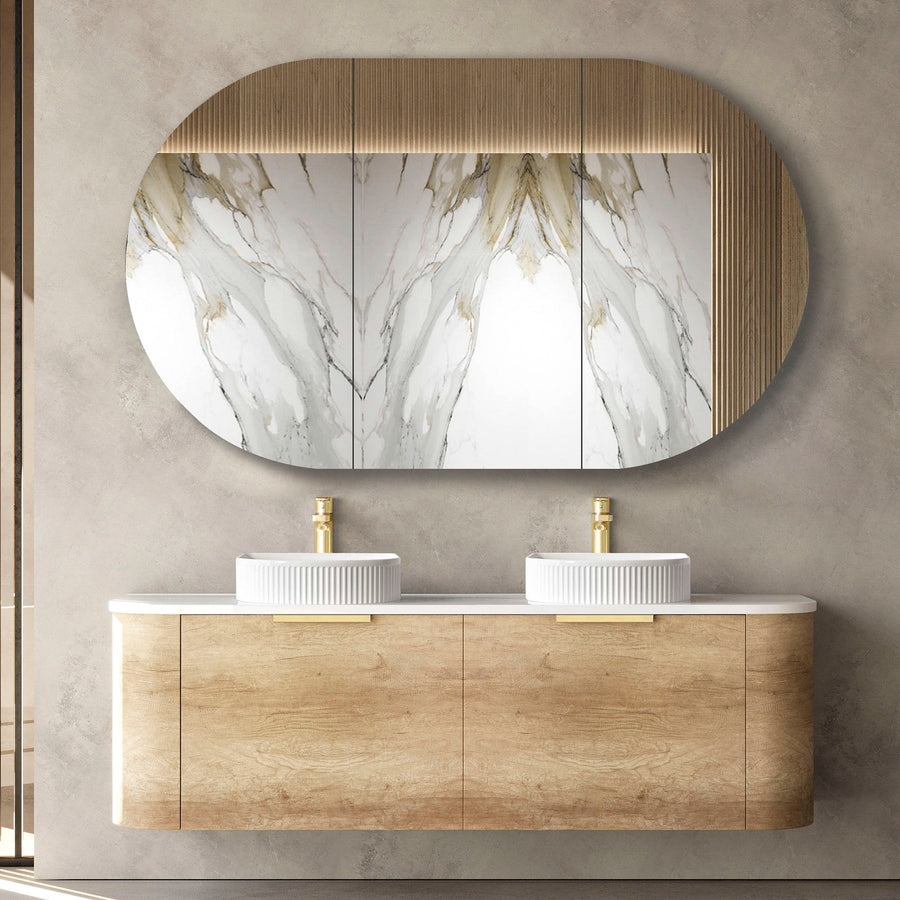 Bondi 1500x460X450 Wall Hung Natural Oak Plywood Vanity With Cloudy Carrara 12 Oclock Taphole BO1500NST-CA-12TH