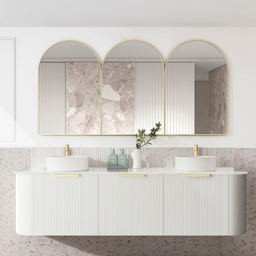 Bondi 1800x460X450 Wall Hung Satin White Fluted Plywood Vanity With Cloudy Carrara 12 Oclock Taphole BO1800WST-CA-12TH