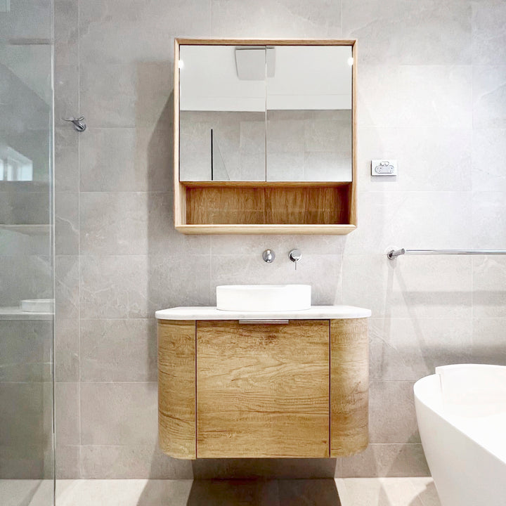 Bondi 750x460X450 Wall Hung Natural Oak Plywood Vanity With Cloudy Carrara 12 Oclock Taphole BO750NST-CA-12TH