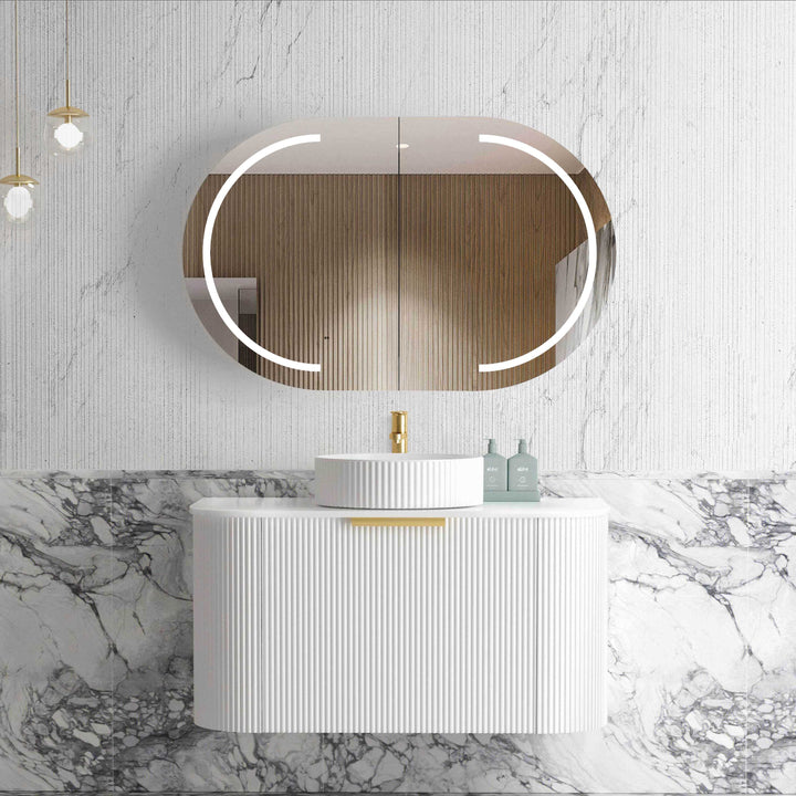 Bondi 900x460X450 Wall Hung Satin White Fluted Plywood Vanity With Cloudy Carrara Top 12 Oclock Taphole BO900WST-CA-12TH